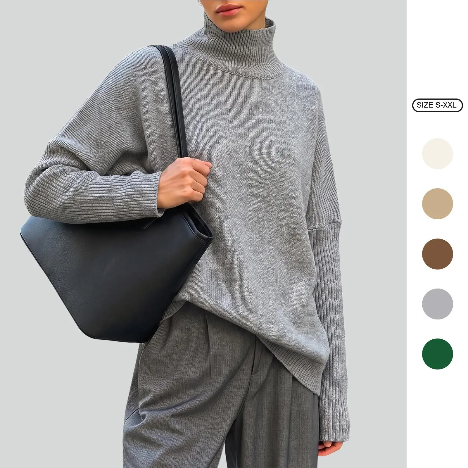 Imily Bela Oversized Turtleneck Knit Sweater for Women, Loose Long Sleeve Ribbed Hem Casual Basic Pullover Top
