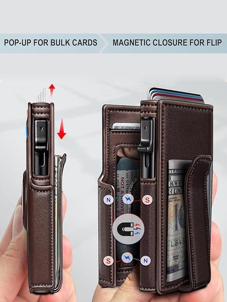 Men's Small Wallet Metal Automatic Card Holder ID Case Rfid Anti-Theft Credit Card Clip Airtag Compatible Lost Prevention Purse