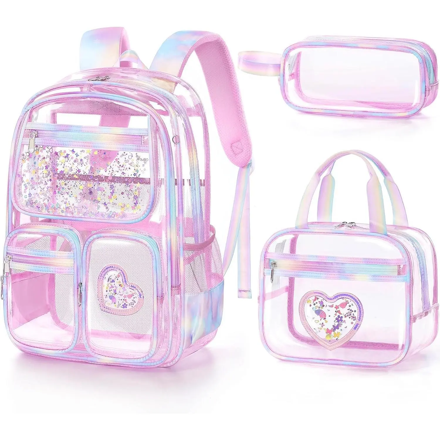 Clear Backpack for Girls, 3PCS Heavy Duty PVC Transparent Kids Backpack for Teen Girls, School Concert Stadium Approved See Through School Teen Girl Bookbag with Lunch Box & Pencil Case, Pink