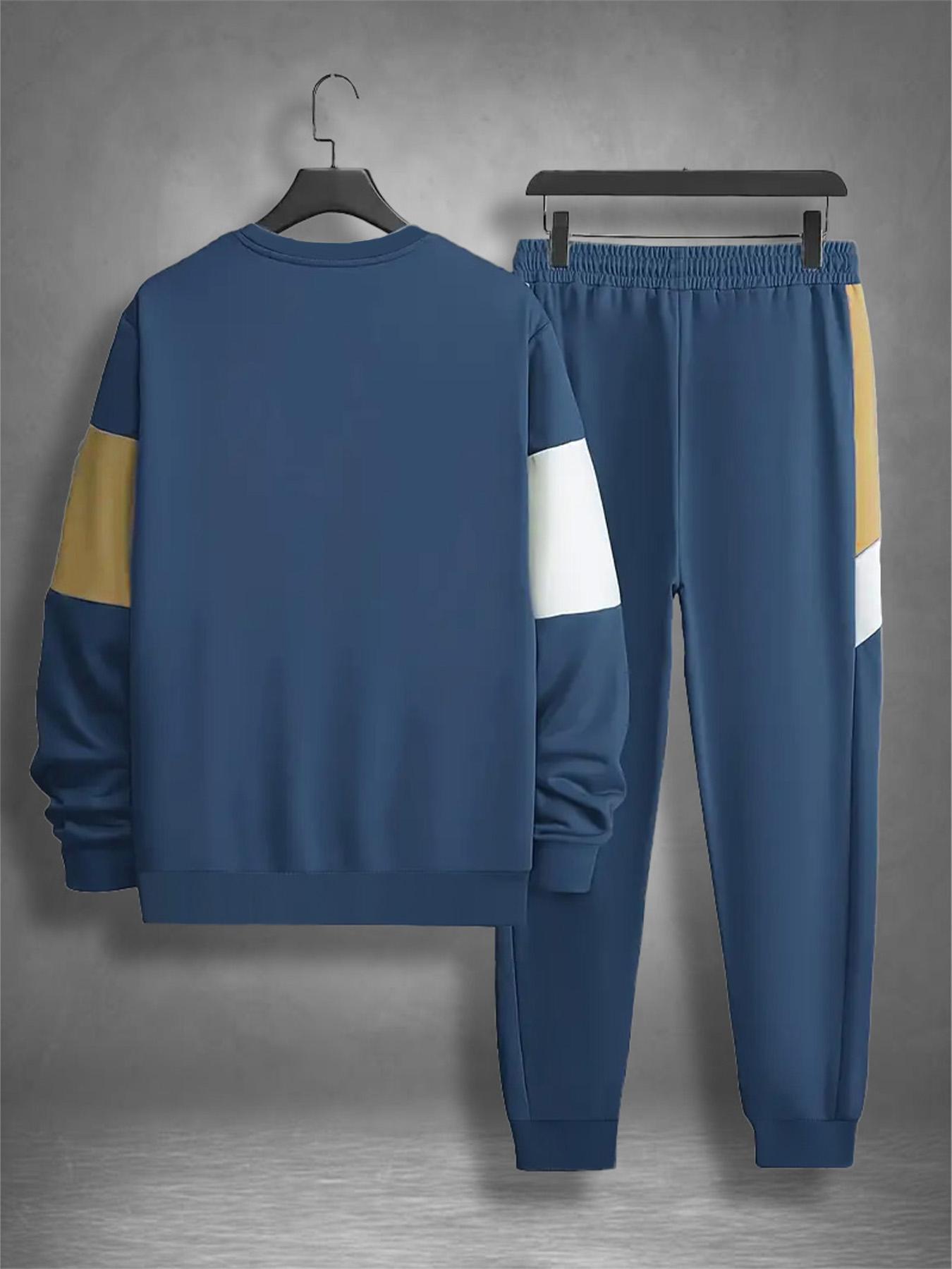 Men's Colorblock Print Sweatshirt & Pants Loungewear Two-piece Set, Casual Comfy Long Sleeve Pullover & Jogger Pants, Men's Sleepwear for Spring & Fall, Homewear