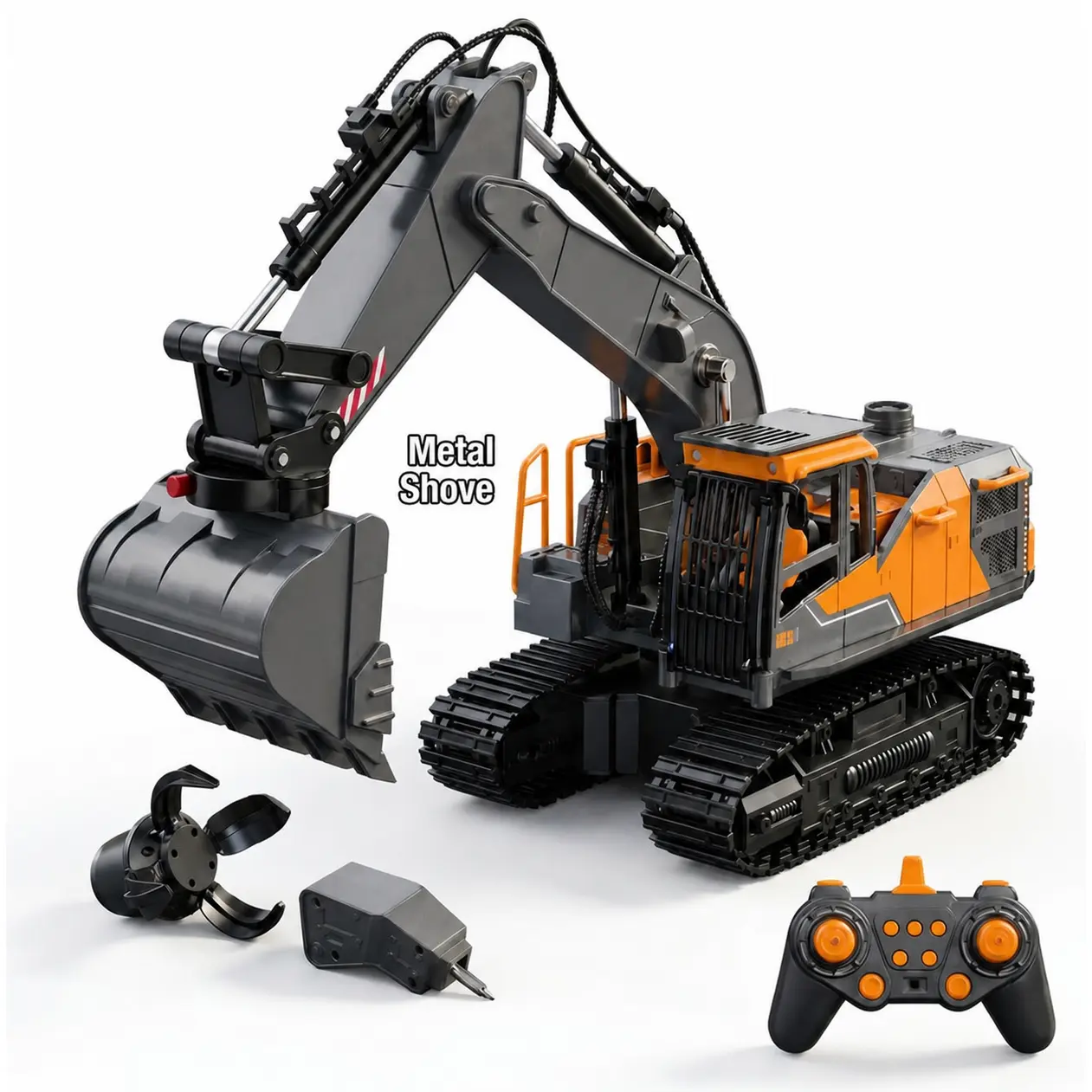 3-Attachment Remote Control Excavator Toy with Metal Bucket, Working Claw, Vibrating Breaker Hammer, Lights, Sounds, Mist Effect and 680° Rotation