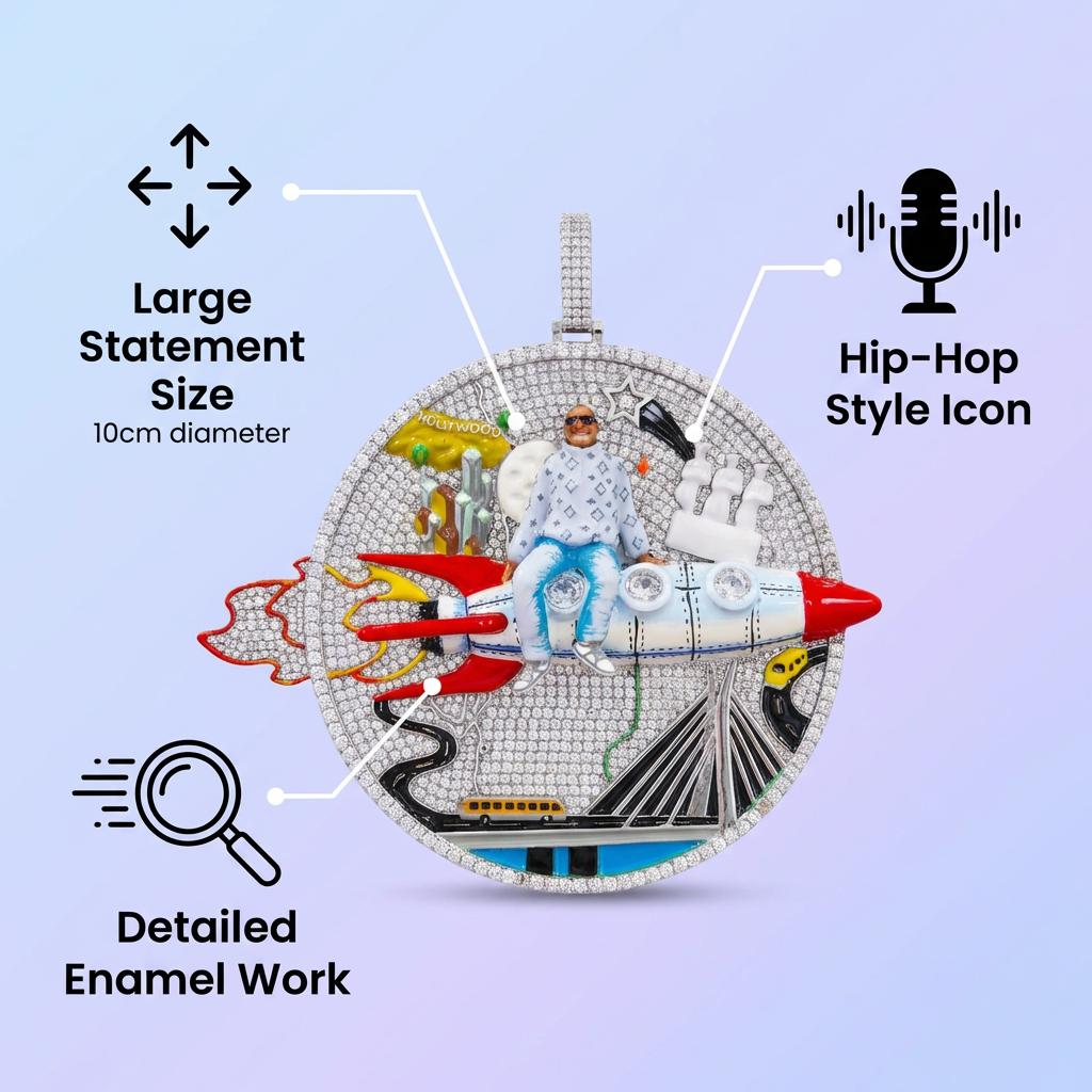 Huge Iced Out 3D Rocket Man Enamel Medallion Pendant, Colorful Cityscape Hip Hop Statement Jewelry, 925 Silver Tone with 4mm Rope Chain