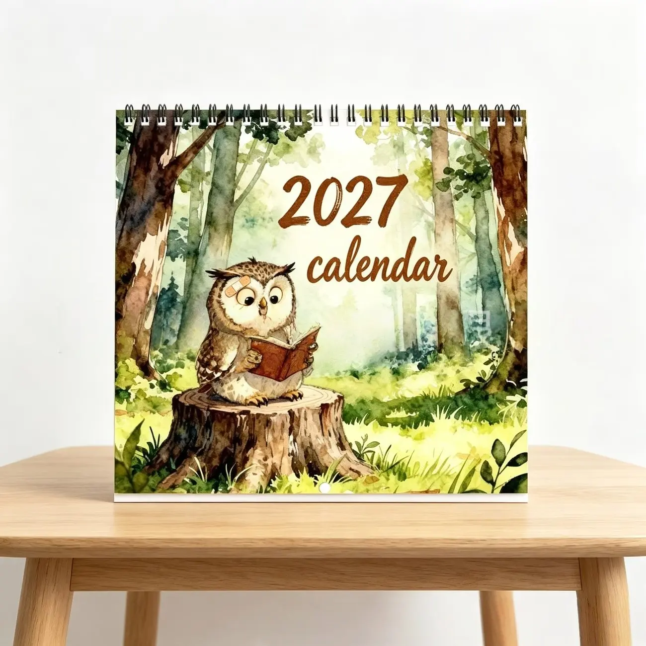 Watercolor Woodland Owl 2027 Tabletop Calendar, Forest Tree Stump Design, Spiral Desk Calendar, Monthly Schedule Organizer, Gift Idea
