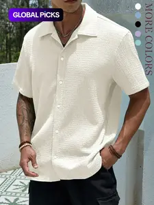 Men's Casual Button Down Textured Button Front Shirt Regular Fit Short Sleeve Collared Top for Summer, Summer Leisure Top, National Day Clothing, Men's Clothes for Daily Wear, Menswear