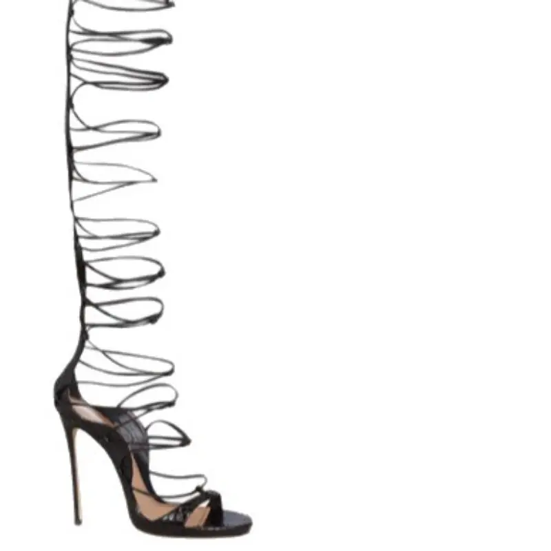 Fashion Summer Women Cross-Ties Thigh High Boots Open Toe Cut Out Sexy Women High Heels Shoes Runway Ladies Gladiator Sandals Black