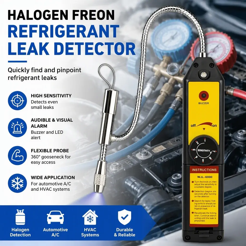 Halogen Freon Refrigerant Leak Detector, Gas Leakage Tester for Air Conditioner Systems, Refrigerant Gas Analyzer, Automotive Air Conditioning Diagnostic and Inspection Tool