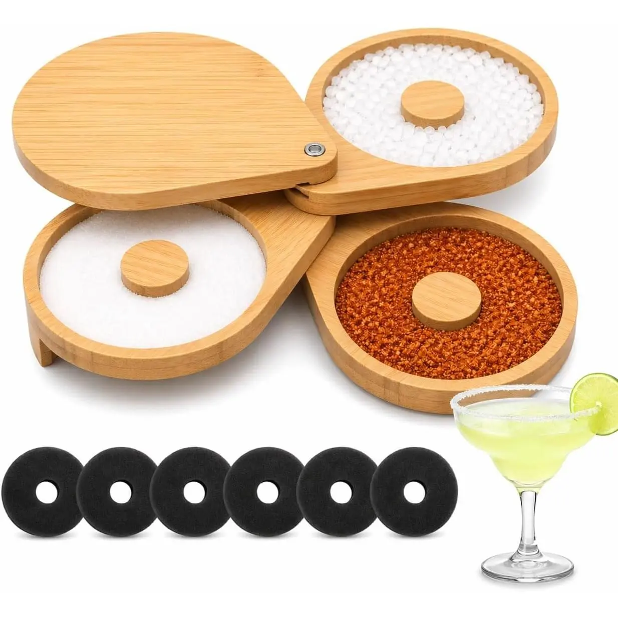 Margarita Salt Rimmer, 3-Tier Bamboo Cocktail Rimmer with Lid and 6 Sponges | Swing-Out Trays Keep Lime Juice, Salt, Sugar and Spices Separated for Bloody Marys, Tequila Shots, Mocktails and Home Bars