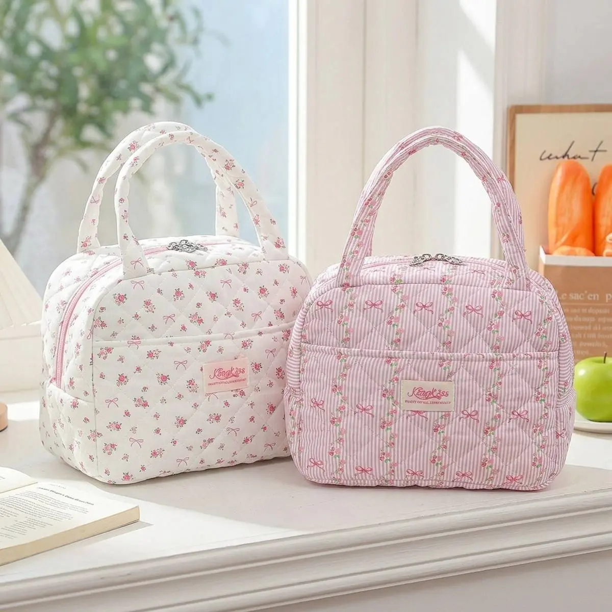 Women's Insulated Polyester Quilted Floral Print Lunch Bag - Large-Capacity Reusable Cooler Tote with Top Handle, Zippered Closure, Handy Front Pocket & Meal Organizer for Work, Picnic