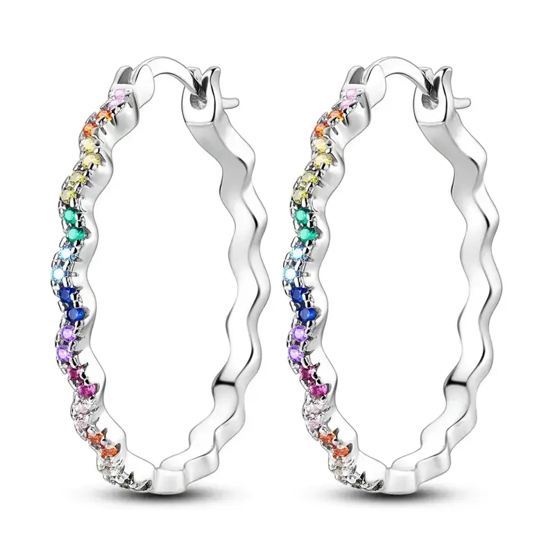 Rainbow Wavy Hoop Earrings 925 Sterling Silver, Ombre Rainbow, Wavy Edge Design For Colorful Jewelry, Pride/Birthday/Party Gifts Daily Wear Women's Earrings