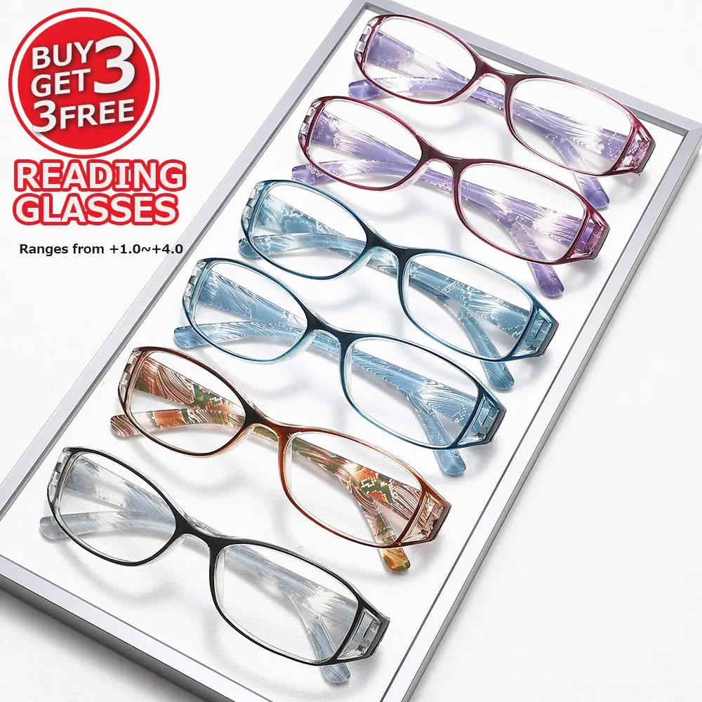 6 Pairs Women's Rectangular Small Frame Reading Glasses Set, Textured Print Design, Blue Light Blocking, Multi-Color Portable Reading Glasses