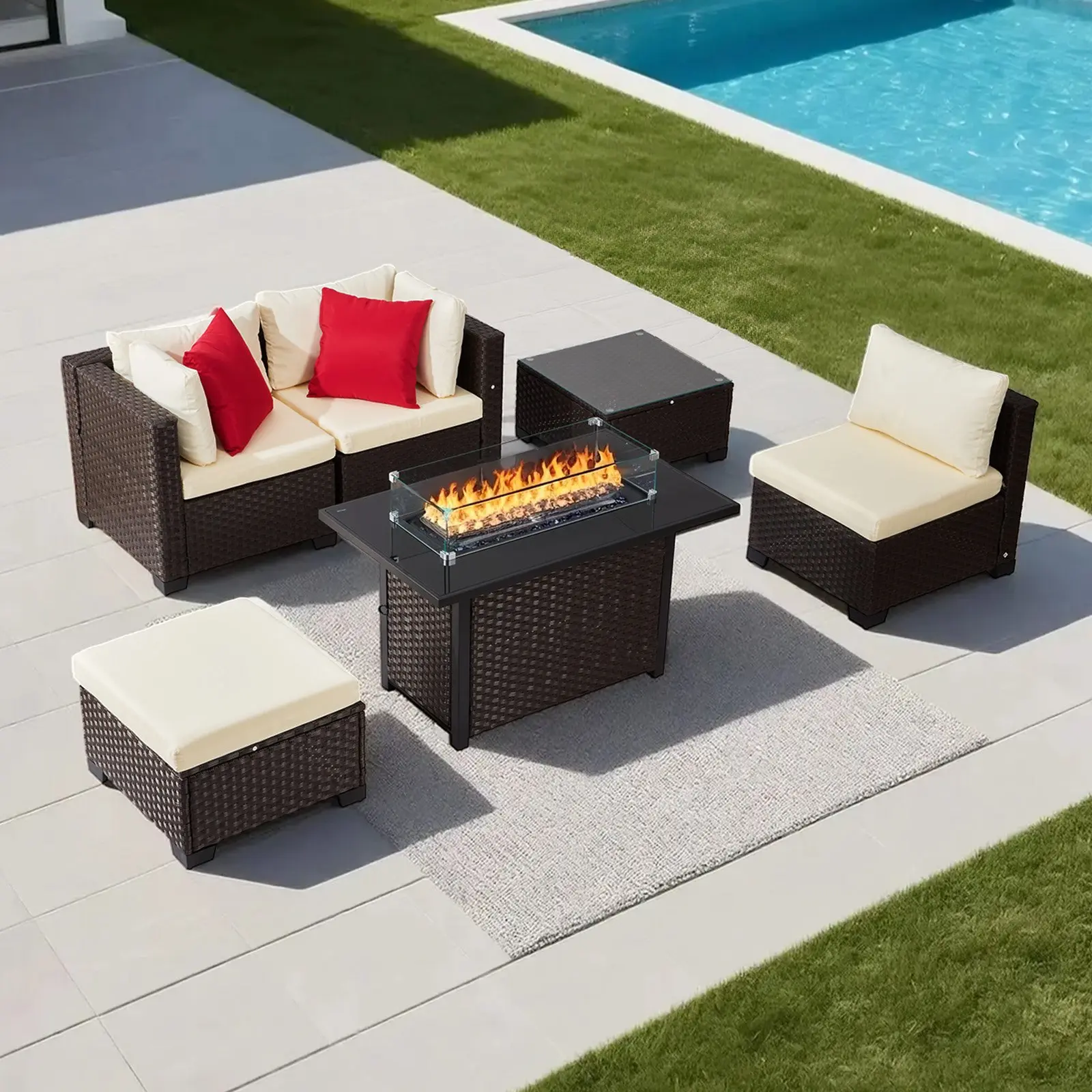 VEVOR 6-Piece Outdoor Patio Furniture Set, Wicker Rattan Outdoor Sectional Conversation Set with 50000BTU Propane Fire Pit Table, Cushioned Sofas, Coffee Table Ottoman for Patio Garden Backyard