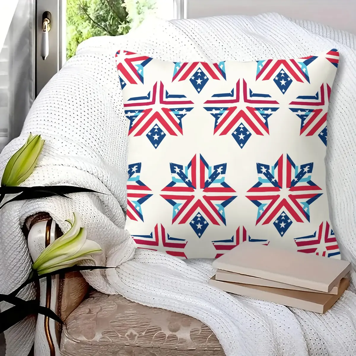 45x45cm 1Pc, USA Patriotic Geometric Star Stripes Print Throw Pillow, soft fluffy durable decorative cushion, perfect for sofa, bed, bedroom and living room decor, ideal as holiday home gift, includes filling
