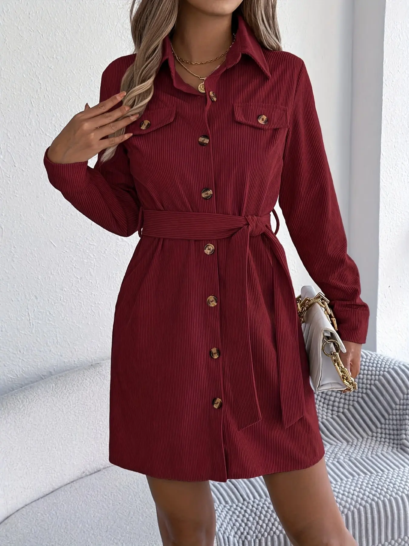 Vintage Fall Winter Women's Lapel Long Sleeve Corduroy Dress Stylish Retro Casual Wear for Cold Weather, Perfect for Daily Wear