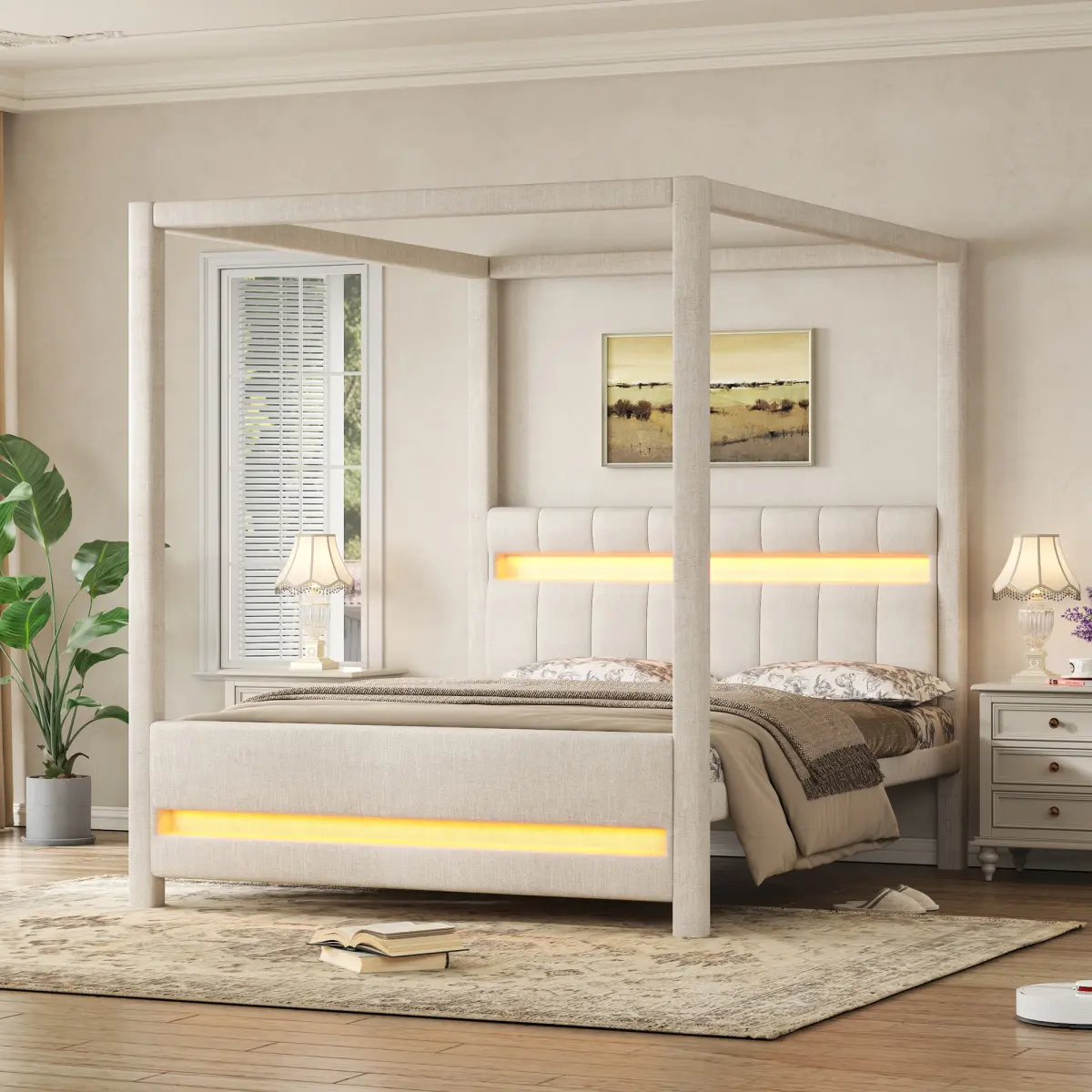 Queen Size Canopy Bed with Upholstered Headboard, Upholstered 4-Poster Bed with LED Lights in Headboard & Foorboard, Elegant Canopy Platform Bed Frame for Adults, Beige