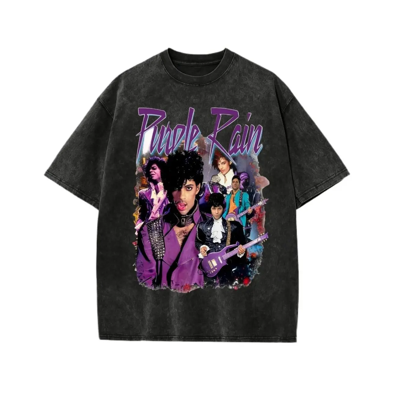 Men's Prince Purple Rain Graphic Tee - Vintage Washed Cotton Aesthetic Classic Oversized Baggy Loose Short-Sleeve Retro Rock Music Summer Top