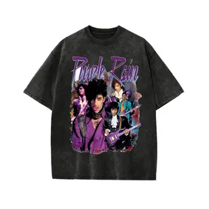 Prince Purple Rain Graphic Tee, Vintage Washed Cotton T-Shirt for Streetwear, Oversized T-Shirts Tee Retro Rock Music Summer Short Sleeve Top
