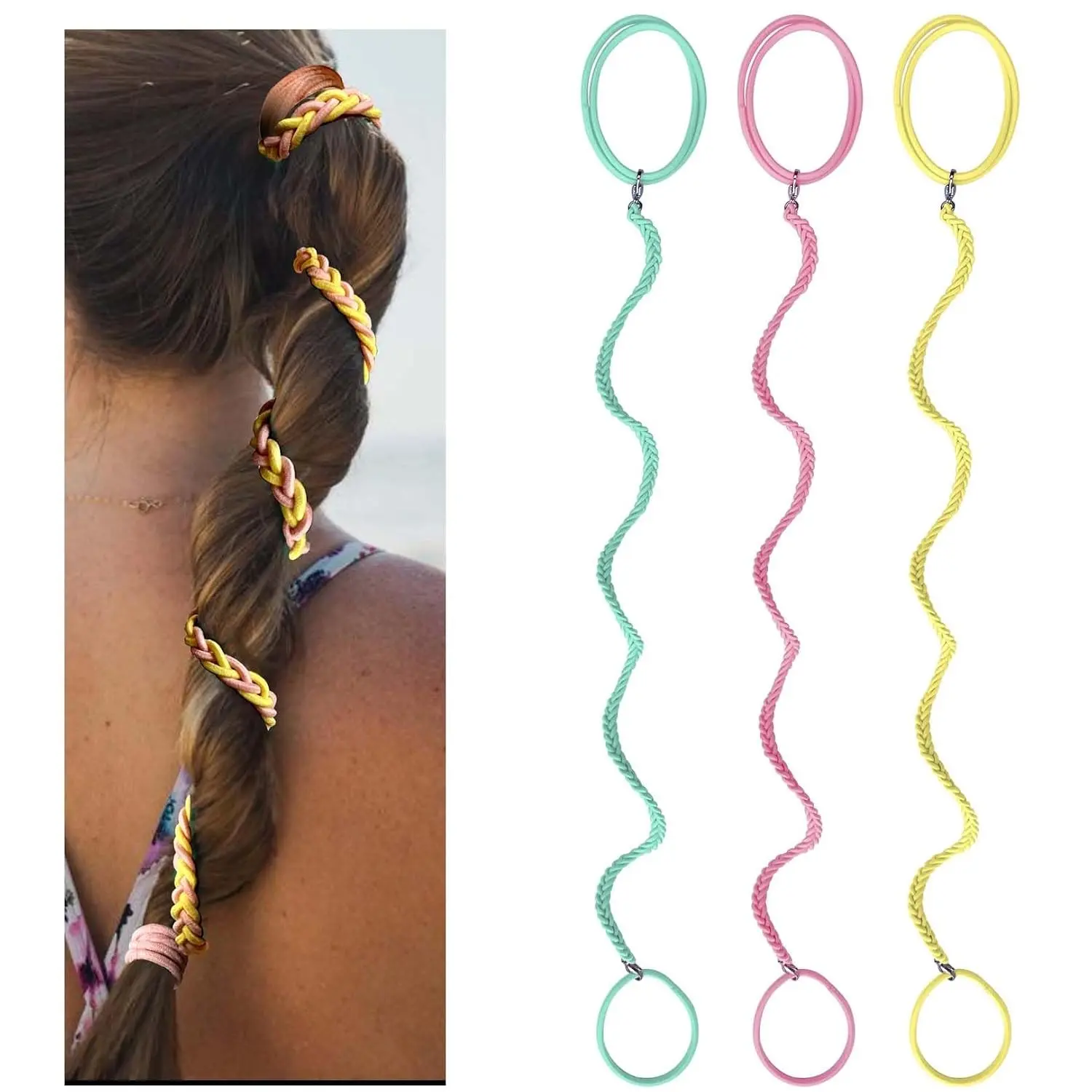Hair Ties for Sports, Elastic Hair tie 16 inch Longhairs Ponytail Holders, Colorful Braided Pony Tail Wrap for Wind and Water 3 Packs