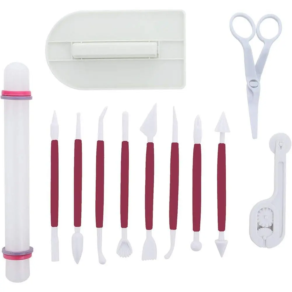 Marshmallow Fondant Cake Decorating Hand Tool 12 count 5 Sets Sugarcraft Gumpaste Icing  Rolling Pin Trimmer  Embosser Flower Scissor Modelling Accessories Supplies Kit Red