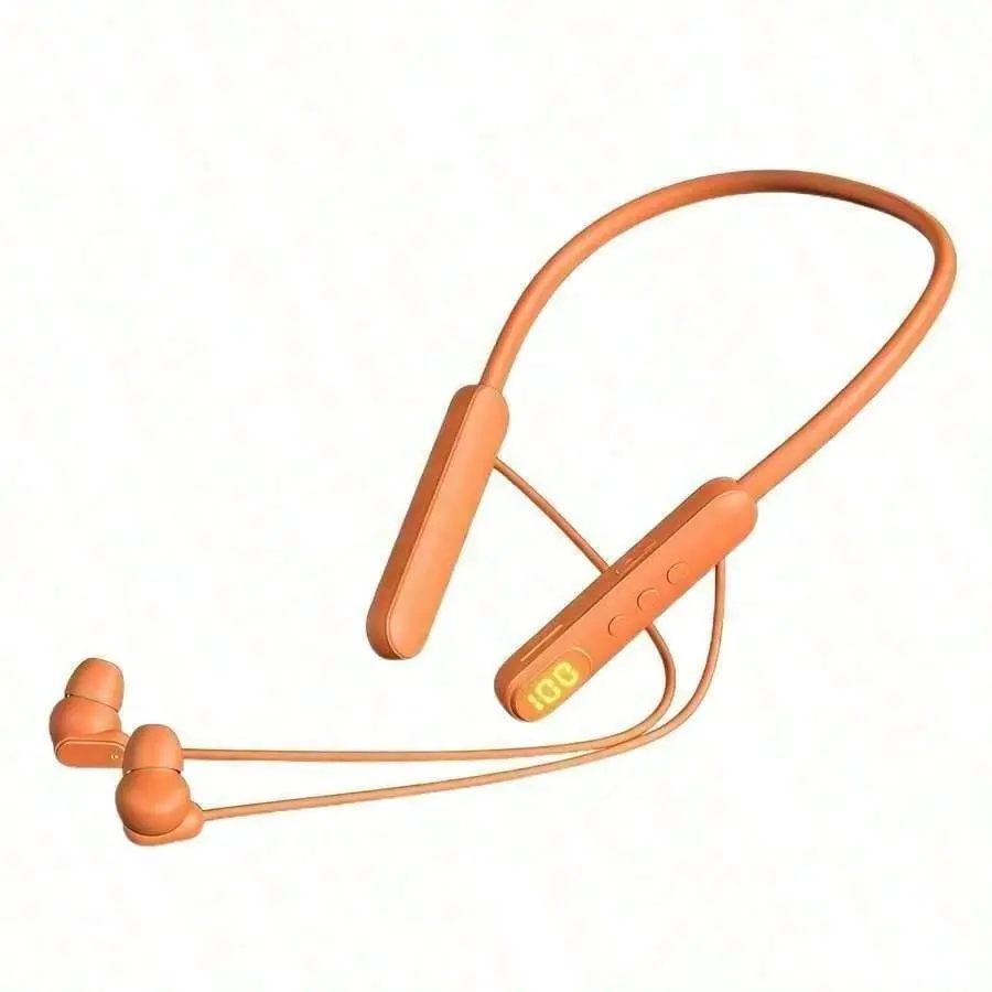 Orange Neckband Bluetooth Headphones Wireless Sport Earbuds, Digital Battery Percentage Display, Sweatproof Noise Isolation Stereo Bass, Fast Pairing Hands‑Free Call, Anti‑Drop Flexible Neck‑Hanging, for Running Gym Cycling Outdoor Sports Daily Commute, C