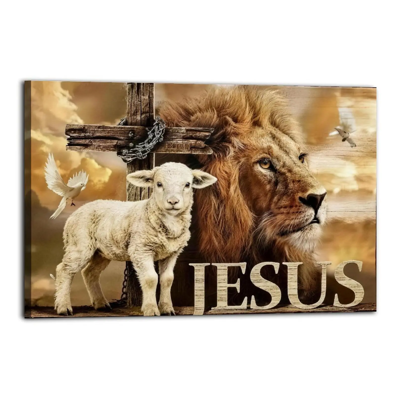 Jesus Religious Artwork Canvas Print - Frameless, Multi-Size Modern Print with Cross, Lion, Lamb, Dove Animal Motifs - Home Decor for Family Bedroom Wall Decoration