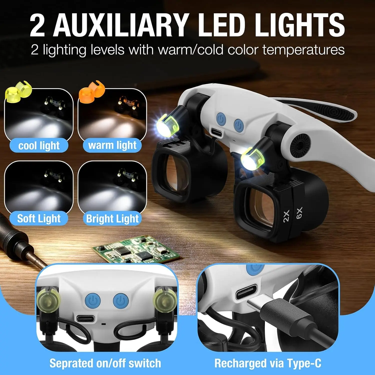 LED Headband Magnifier with 5 Interchangeable Lenses, USB Rechargeable, Adjustable Head Strap, Carry Case Included, Hands-Free Magnifying Glass for Repair, Jewellery Making & Crafts