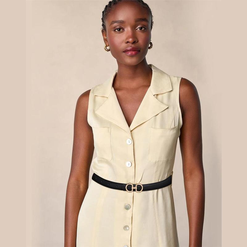 AWAYTR Reversible Women Fashion Thin Belt Two Sided and Two Colored Elegant PU Leather Tight Waist Belt with Gold Buckle Vintage Two-in-One Jeans Dress Long Coats Belts Lady Accessories