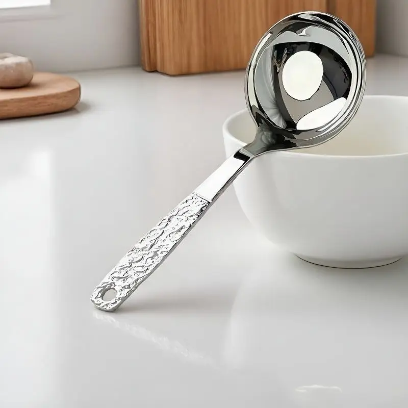 Hammered Handle Stainless Steel Soup Ladle, Large Deep Round Spoon, Heavy Duty Cooking Ladle for Broth Gravy Stew Hot Pot Kitchen Utensil