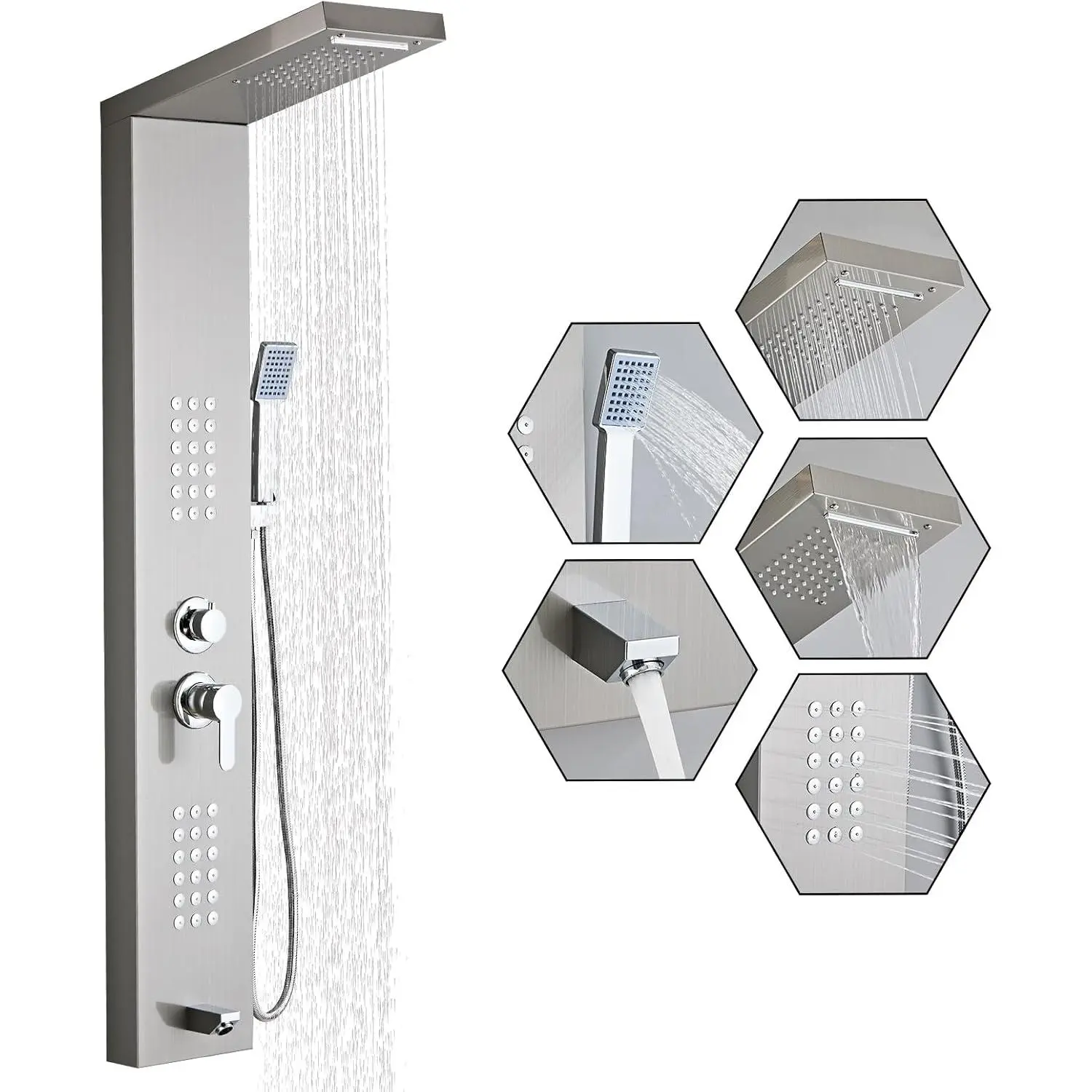 5-in-1 Shower Panel Tower System - Brushed Gray | 304 stainless steel Shower Panel Tower Column with   Jets, Rainfall, Waterfall,Handheld and Tub Spout