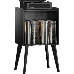 Record Player Stand – Mid-Century Vinyl Record Storage Stand Holds Up to 160 Albums, Small Space Record Player Organizer Shelf with Wood Legs, Turntable Stand for Living Room, Bedroom