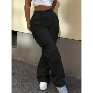 Women's Black High Waist Cargo Pants, Multi-Pocket Wide Leg Trousers, Streetwear & Y2K Daily Outfits