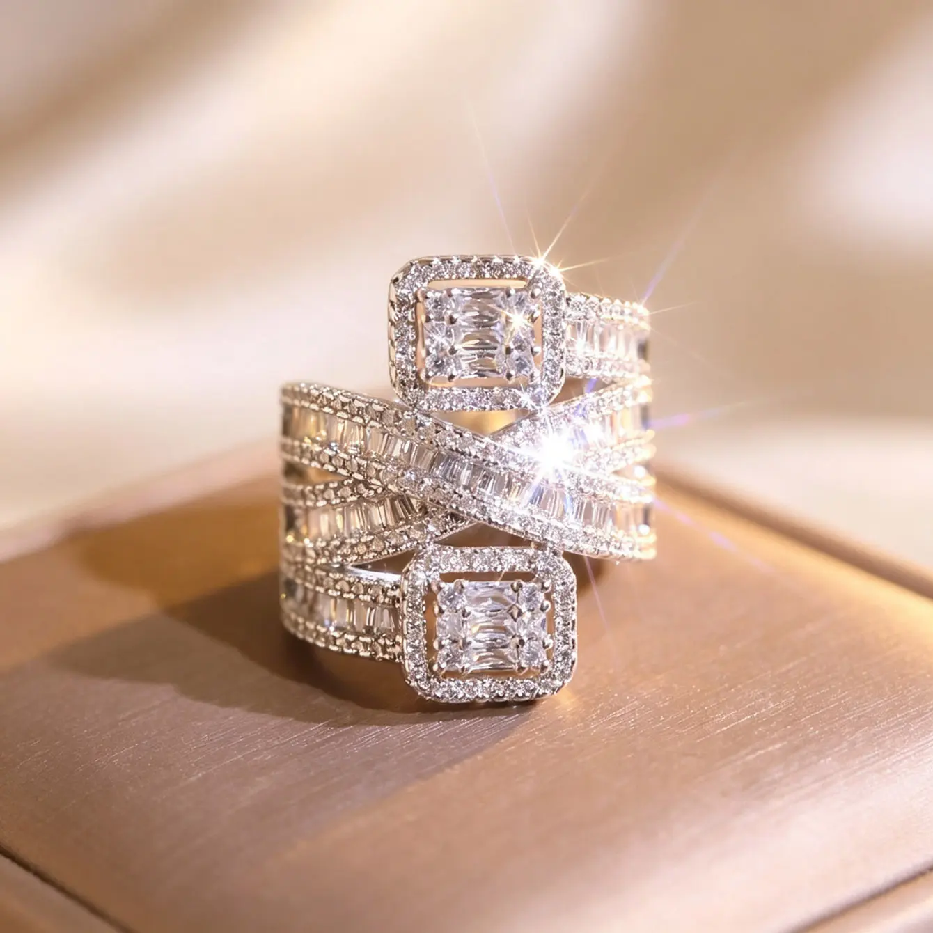 Double Square Halo Statement Ring, Crisscross Baguette Band, Two Stone Cocktail Ring, Sparkly Pave Accents, Trendy Party & Bridal Jewelry, Viral Stackable & Layered Ring for Women