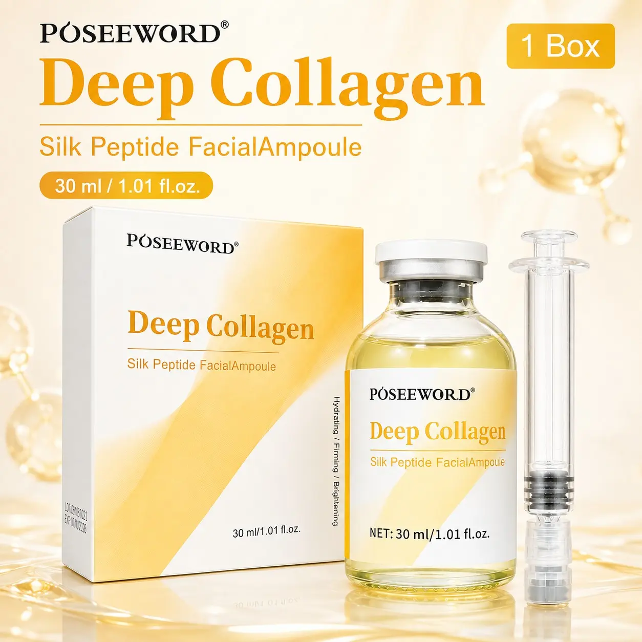 30ml Deep Collagen Silk Peptide Facial Ampoule, Hydrating & Moisturizing Face Serum, Lightweight Daily Skincare for Smooth and Radiant-Looking Skin