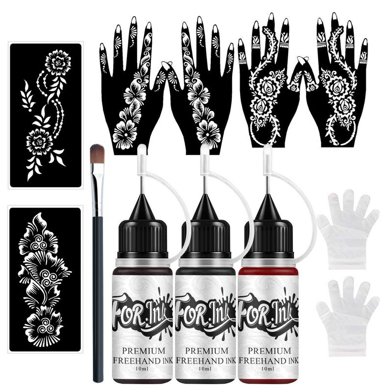 Temporary Tattoo Ink Set, 3 Bottles Hand-Drawn Tattoo Ink & 6 Hollow Template Stickers, Henna Stencil, Body Art, Party, Halloween, Graduation, Beach Vacation Temporary Tattoo Ink Set, 3 Bottles Hand-Drawn Tattoo Ink & 6 Hollow Template Stickers, Henna Stencil, Body Art, Party, Halloween, Graduation, Beach Vacation