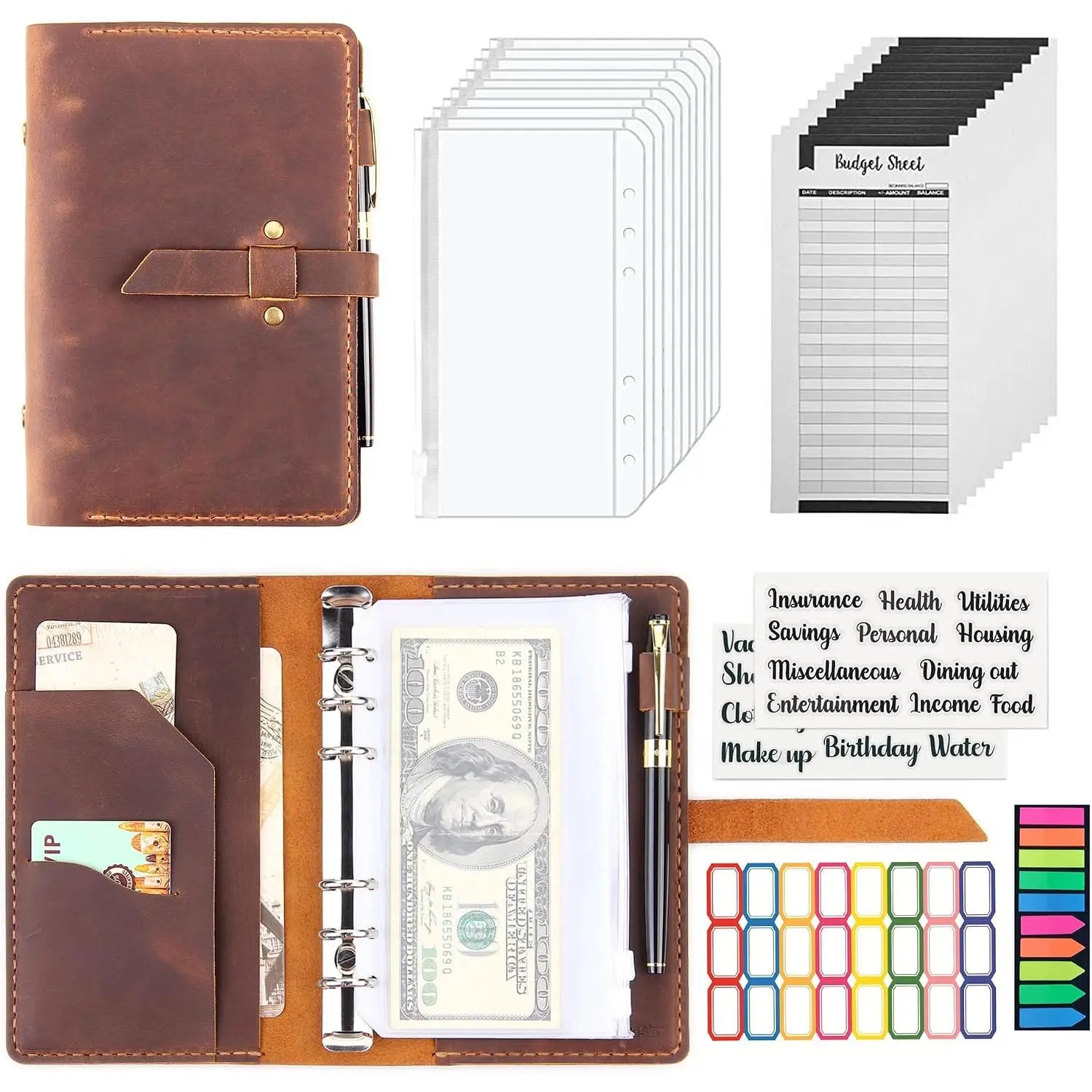 Leather Binder Budget with  Envelopes,  Leather A6 Binder for  Saving Planner,  Envelopes for Budgeting,  Organizer for  - Brown