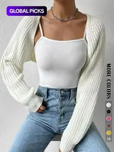 Women's Solid Raglan Sleeve Crop Cardigan Without Camisole, Casual Long Sleeve Knitwear for Spring & Fall, Women's Clothing for Daily Wear Everyday