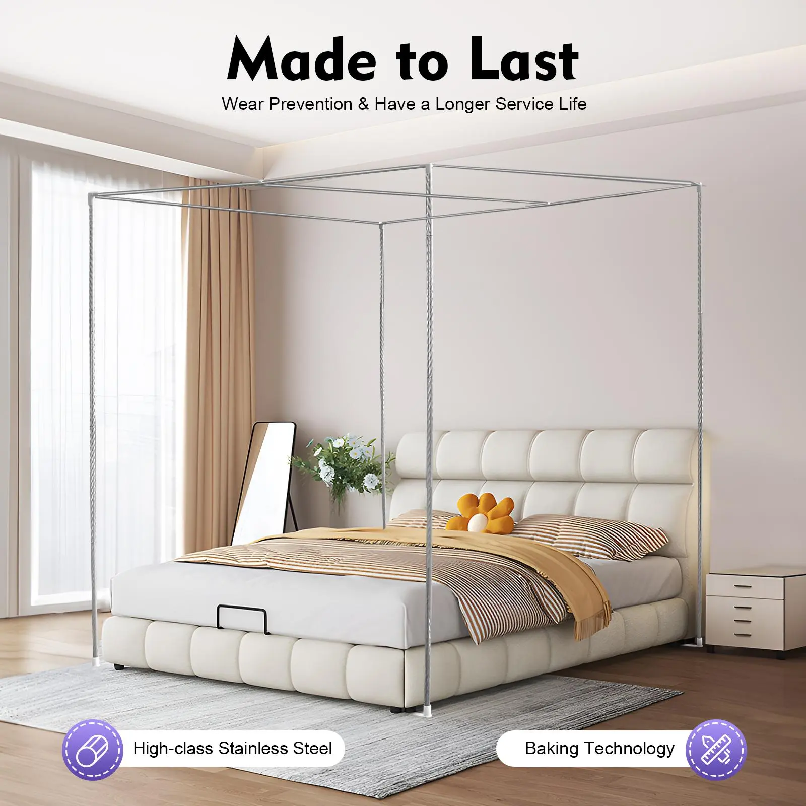 Canopy Bed Frame & Bed Poles 2*2*2m, Metal Stainless Steel Four Corner Bed Mosquito Net Frame Bracket Fit for Queen Size Bed, Firmly Fixed to Floor and Not Wobbly Fit for Four-Corner Bed and Mosquito Curtains, Queen Modern Furniture
