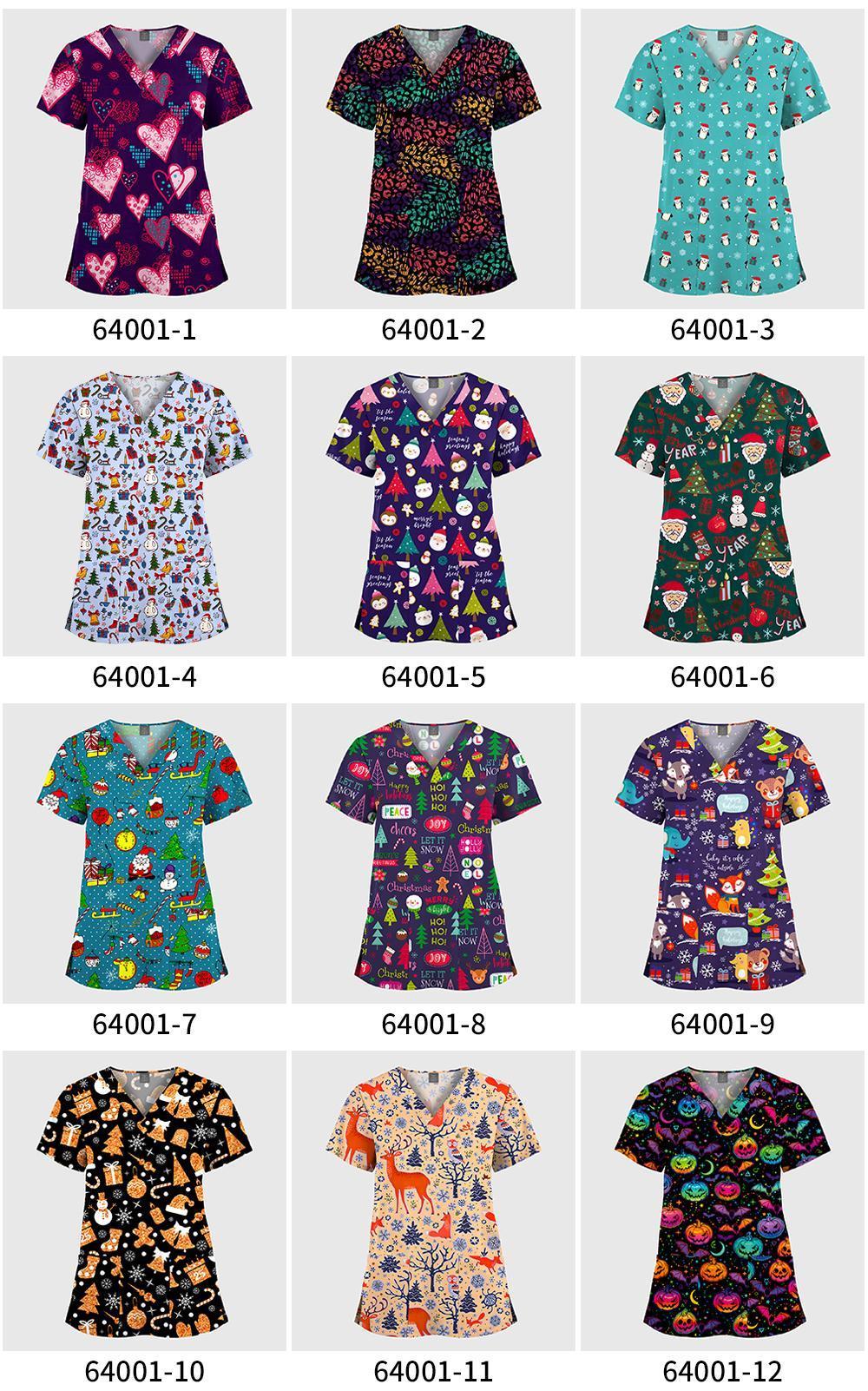 Cartoon Print V-Neck Short Sleeved T-Shirt Scrub Uniform Nurse Scrub Women Uniform Top Surgical Scrubs Nurse Veterinary Workwear