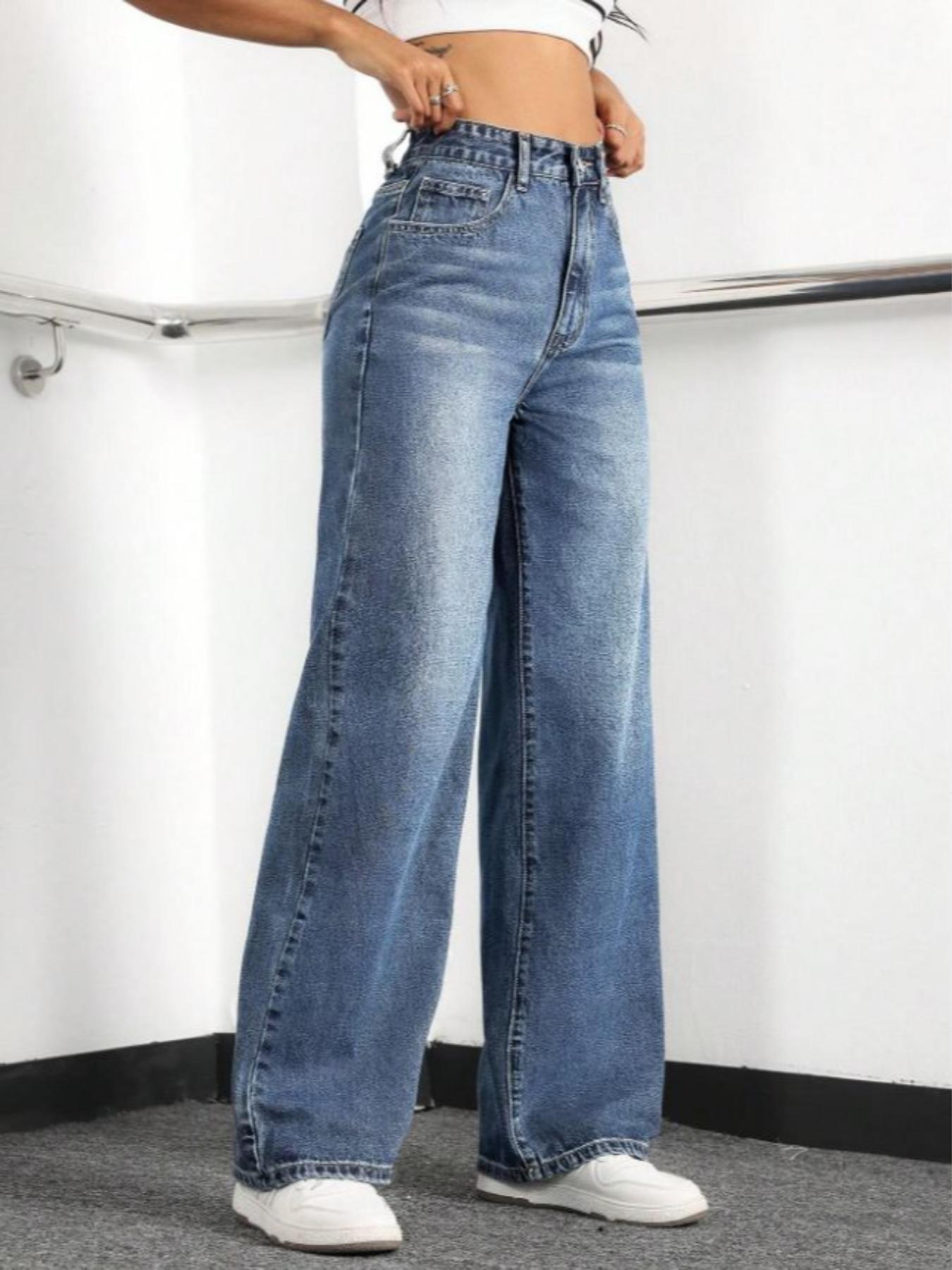 Women's Elastic Waist Denim Jeans with Pockets and Buttons, Casual Basic Fashion Comfortable Trousers for All Seasons, Perfect for Any Occasionstacked pants Womenswear