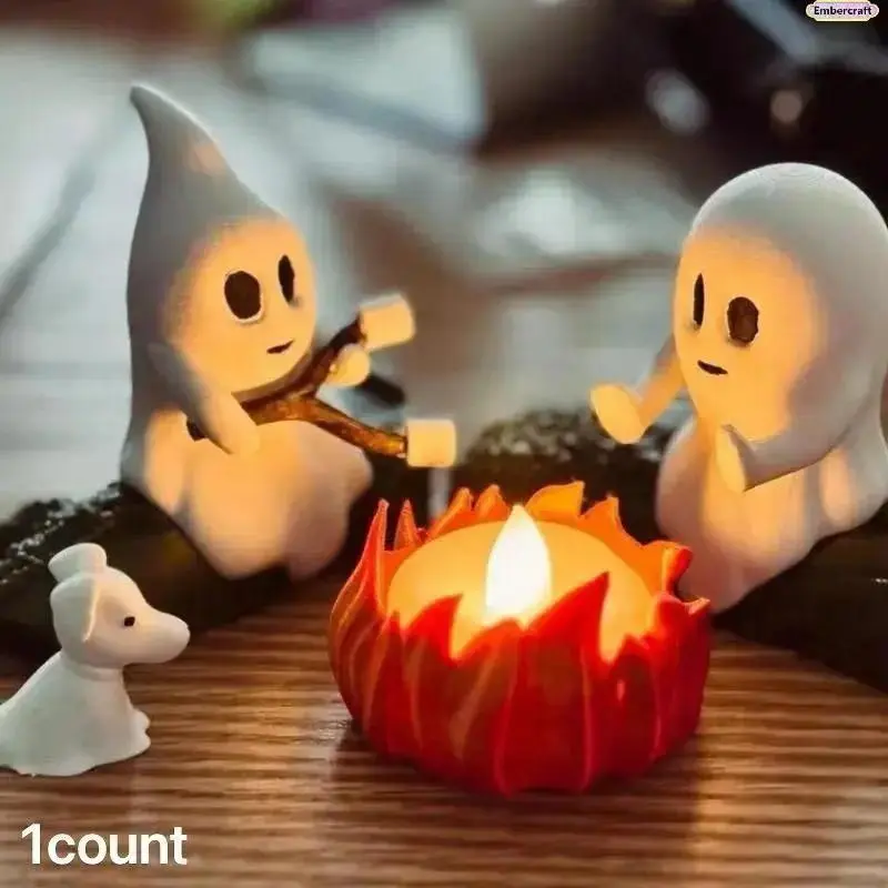 Spooky Ghosts Table Decor, Resin Mini Campfire Centerpiece with LED Flickering Light for Halloween Parties and Mantel Display, Flameless Light, Cute Look, Mini Size, Table Centerpieces, Led Party Light