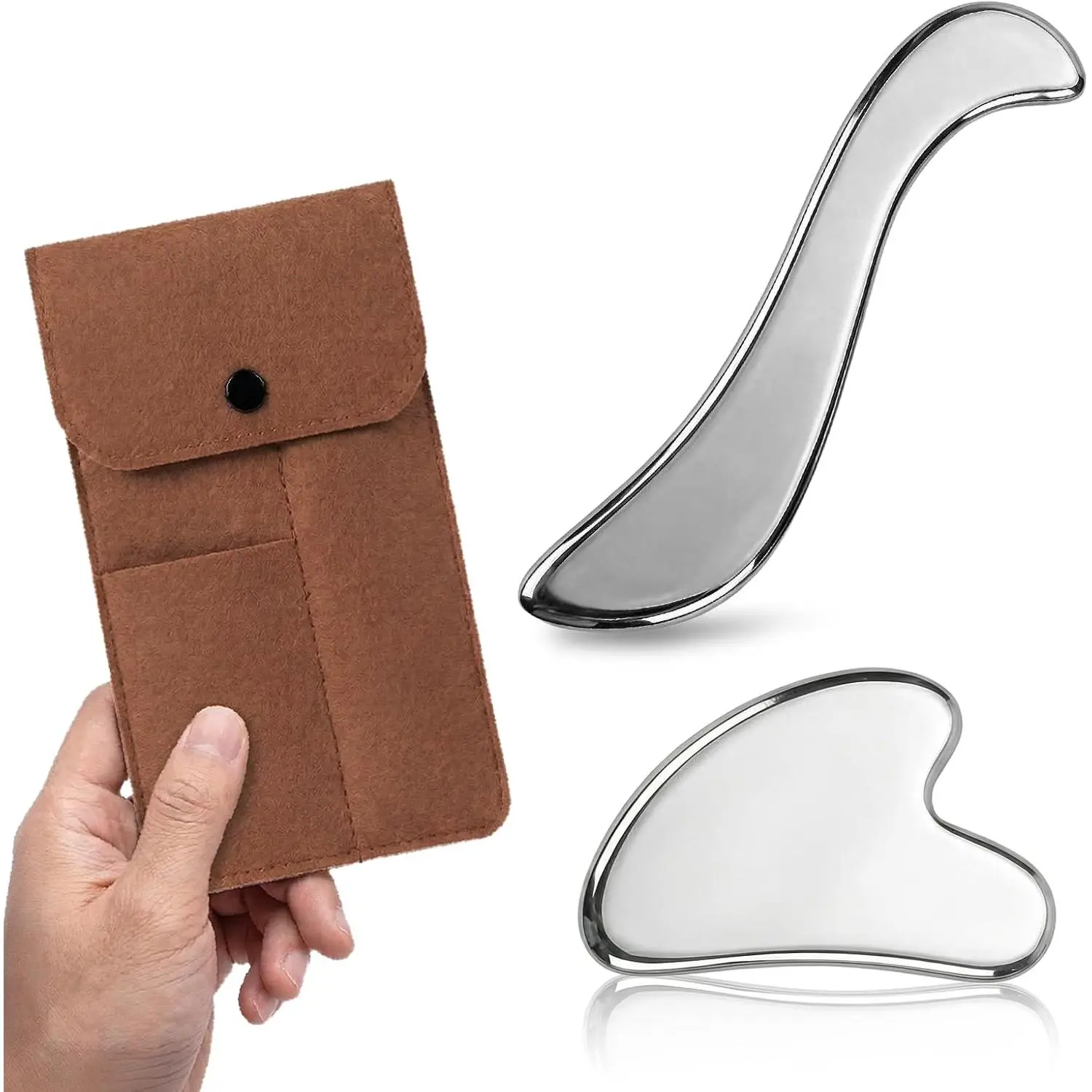 Gua Sha Tool Set, 2-Piece Stainless Steel Muscle Scraper Tool for Face & Body, Smooth Deep Tissue Massage for Full-Body Relief, Freezer-Safe with Portable Pouch & Guide Included, Daily, Facial