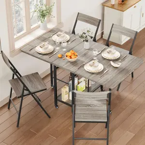 Space-Saving 5 Piece Vintage Folding Dining Table Set for 4 – 47'' Drop Leaf Wooden Kitchen Table with 4 Collapsible Chairs, Compact Design, Sturdy Steel Frame, On Wheels – Great for Small Dining Spaces