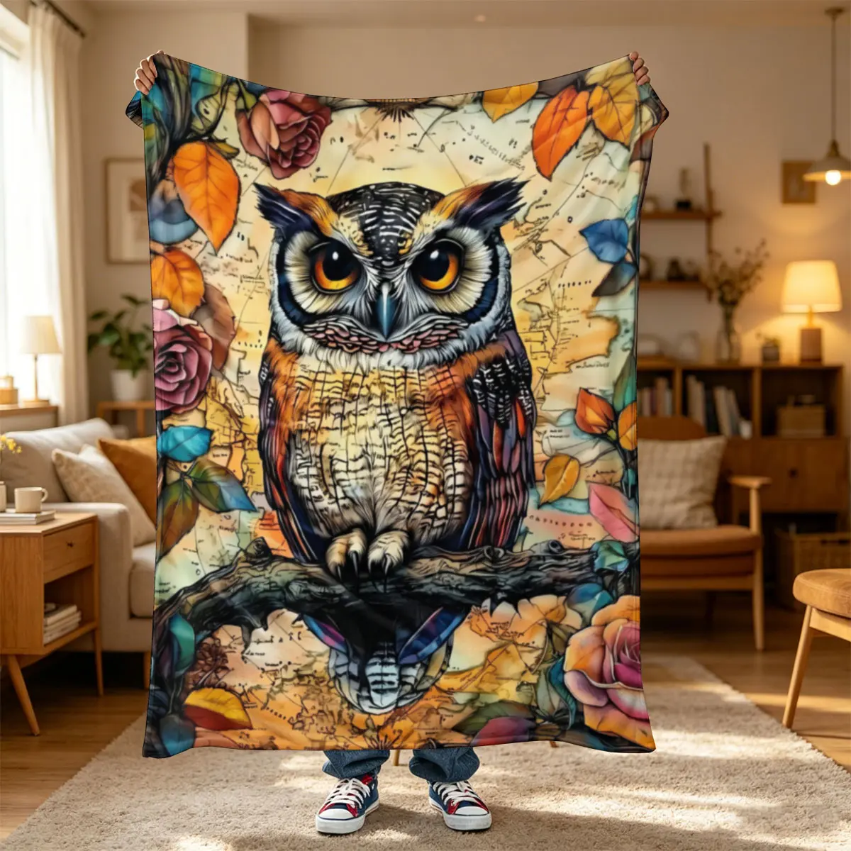 One PC Short Plush Flannel Blanket,Classic style owl pattern,Smooth flannel blanket, light warm, anti-pilling lint-free. Throw for living room, bay window, holiday gift, daily pet blanket