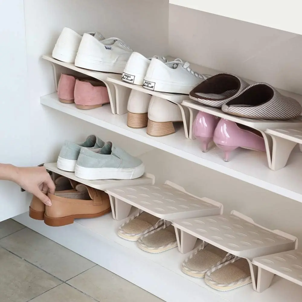 4 Pack Stacking Shoe Organizer for Shelf 10x8.7 in – Double Layer Space Saving Shoe Dividers for Shelves – Footwear Riser for Heels Under 4.7", Sneakers & Flats Storage for Small Closets, Dorms, Apts