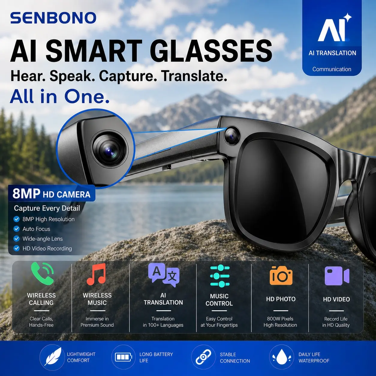 SENBONO Smart Shooting Glasses with 8mp Camera, HD Photo and Video, Bluetooth-compatible Connection, Ideal for Outdoor Sports and Vlogging