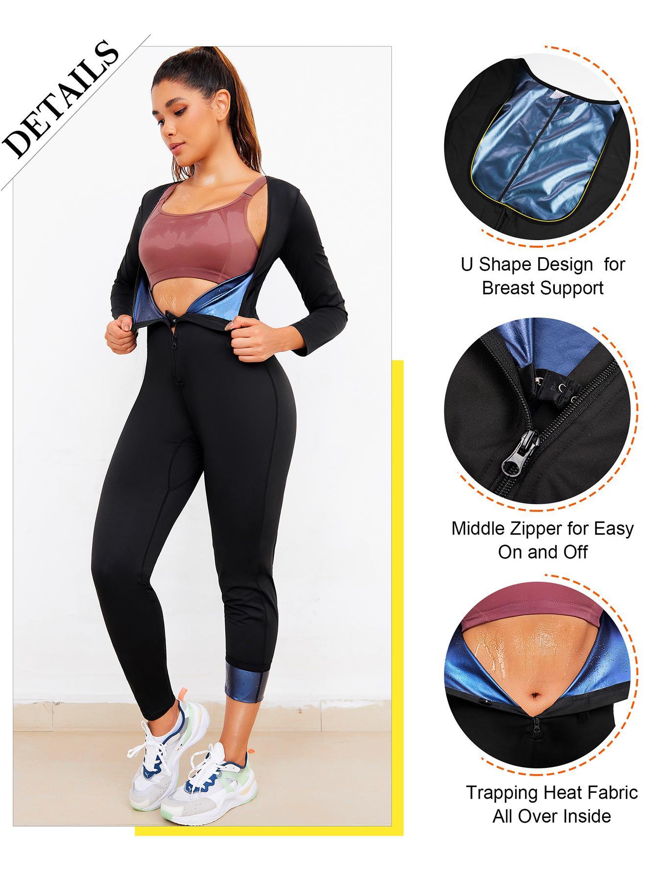 Women's Solid Zip Up Sauna Sports Jumpsuit, Sporty Long Sleeve Square Neck Jumpsuit for Yoga Gym Workout, Ladies Sportswear Stretchable Activewear for All Seasons, Gym Workout Clothes