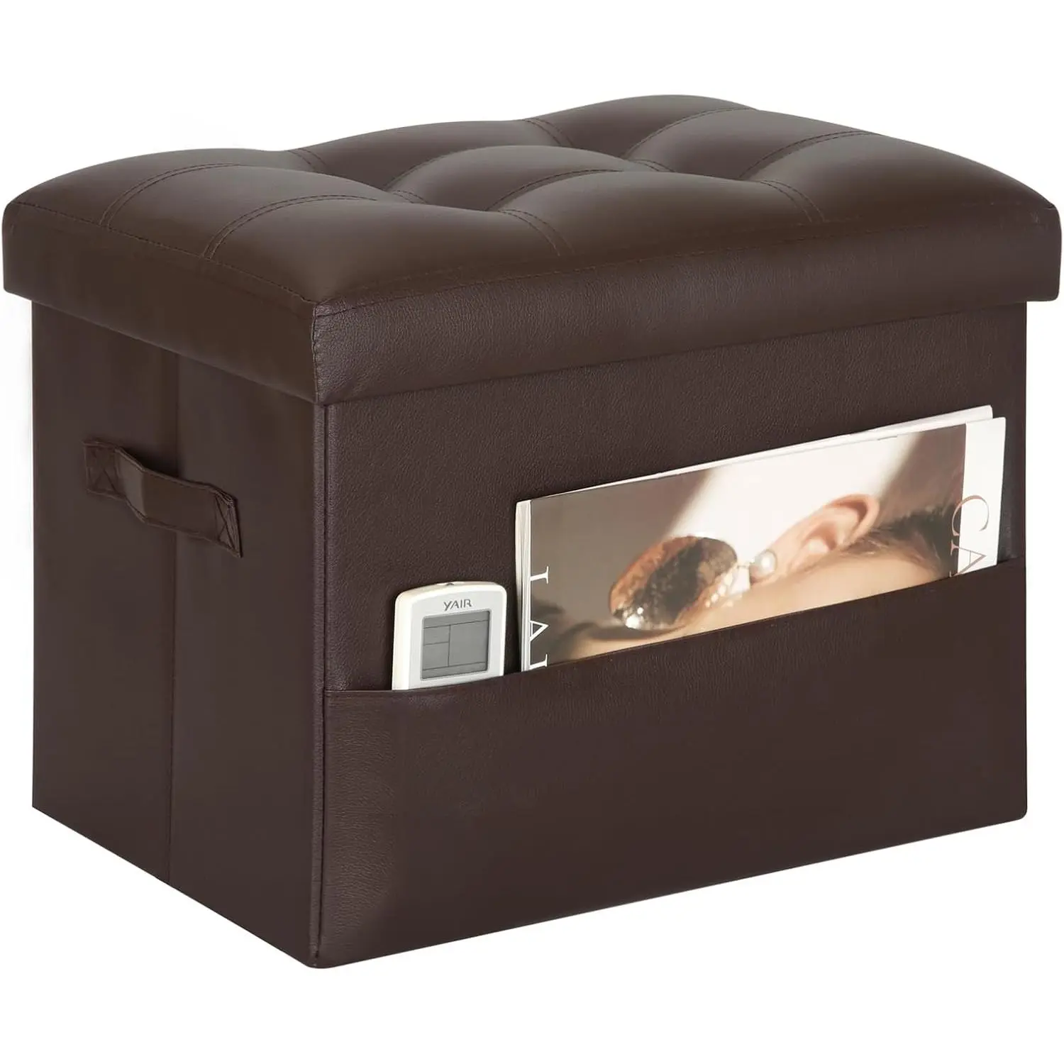 Foldable Leather Storage Ottoman Foot Rest Stool, Storage Bench with Thicker Foam Padded Seat, Under Desk Footrest for Living Room Bedroom, 350 lbs Capacity, 17x13x13 in, Brown