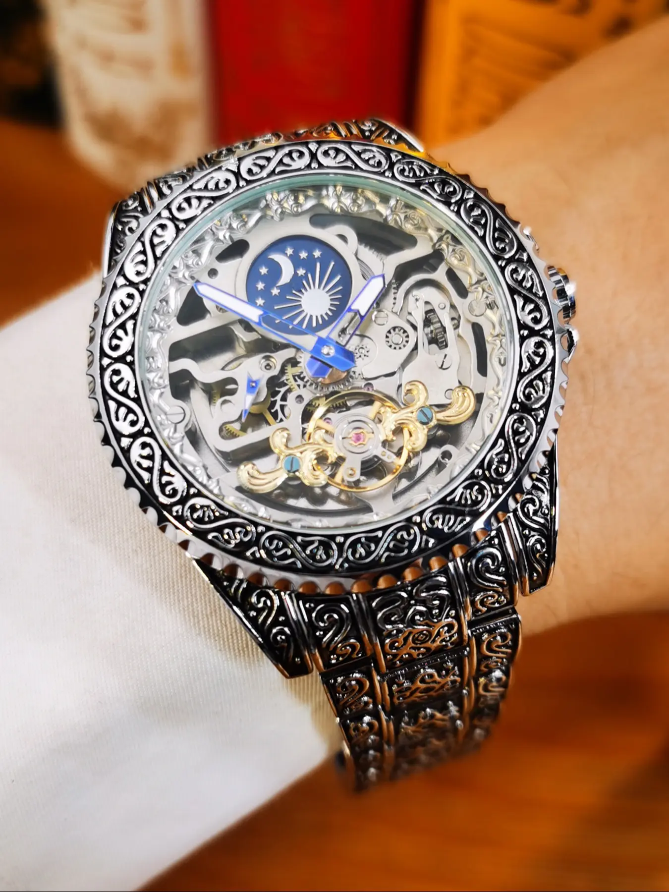 1pc Fashion Luxury Tourbillon Skeleton Automatic Mechanical Watch for Men Luminous Hands Moon Phase Rotating Bezel Engraved Case Top Brand Stainless Steel Strap Business Casual Mens Watches