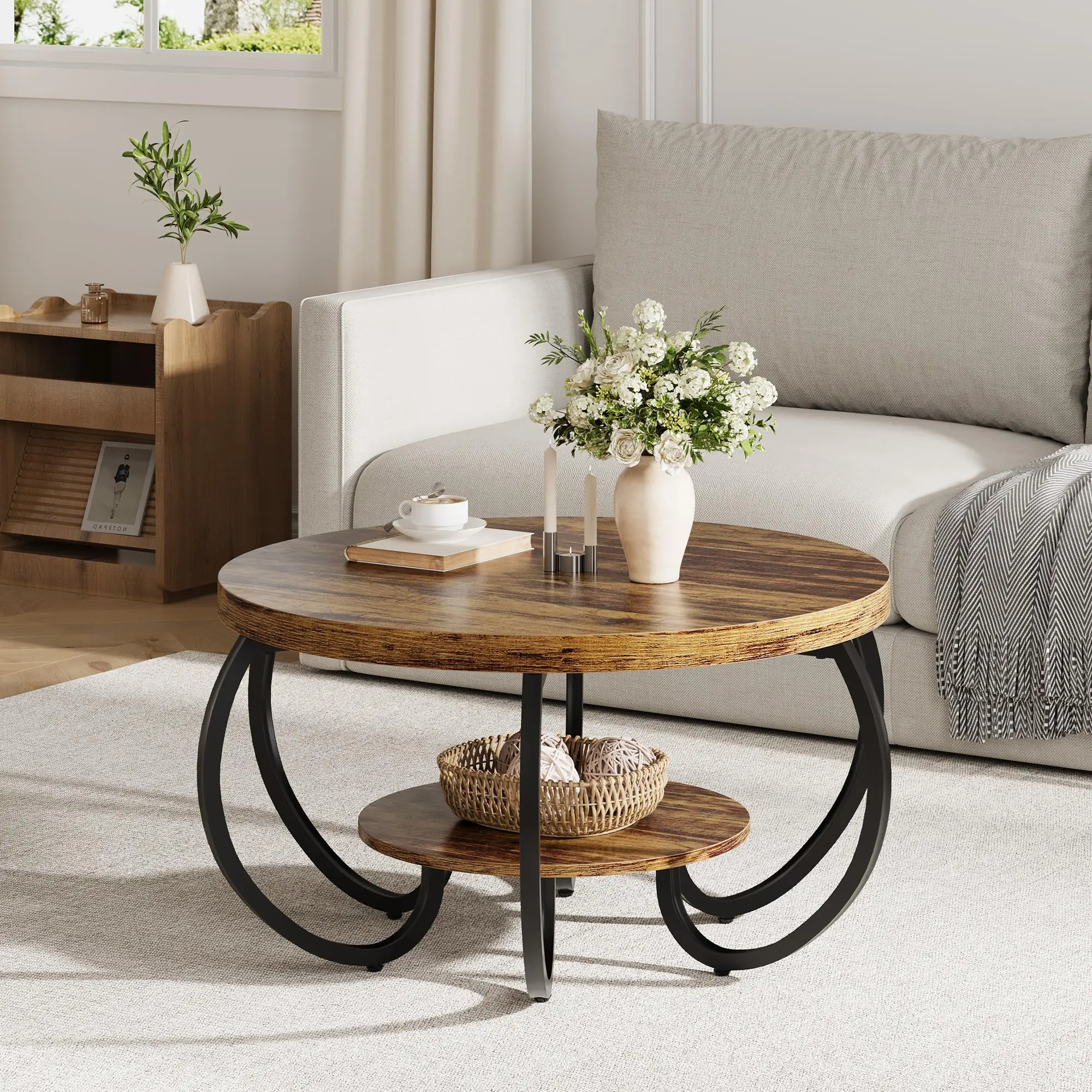 Garvee Round Coffee Table, 30-inch 2-Tier Industrial Design Center Table with Adjustable Feet, Wood Grain Finish, Open Storage Shelf, Perfect for Living Room Accent and Easy Assembly