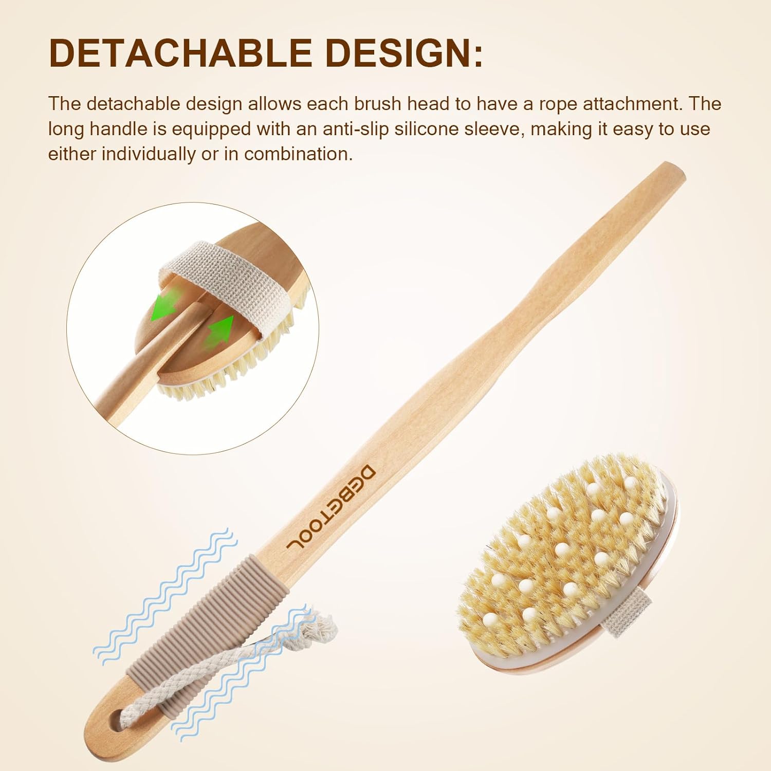 Dry Brushing Set - Natural Boar Bristle Body & Face Brush, Wooden Long Handle Scrub Brush for Cellulite & Lymphatic Drainage, Detachable, 3 Brush Heads Gift Silicone