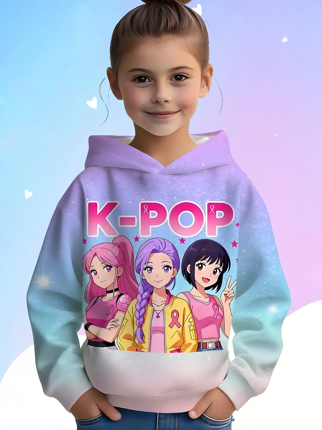 Girls' Hooded Sweatshirt, K-Pop Cartoon Print, Gradient Blue, Sparkly Long Sleeve, Casual Fall Winter Wear, Perfect Gift